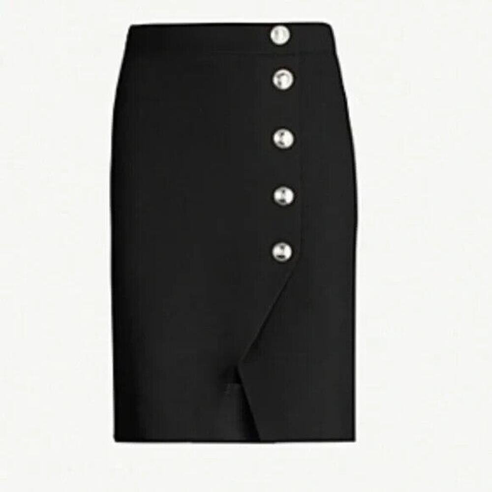 MAJE Jipy Pencil Skirt Button Front Black Straight Asymmetric Hem 38 S